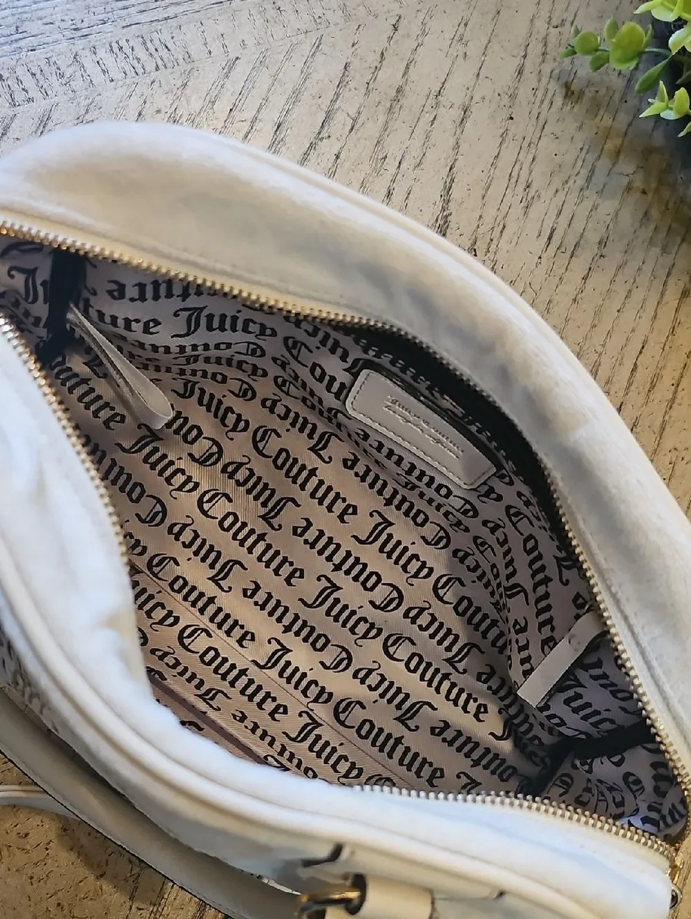 Juicy Couture Cream Embroidered Satchel Crossbody with Gold Accents